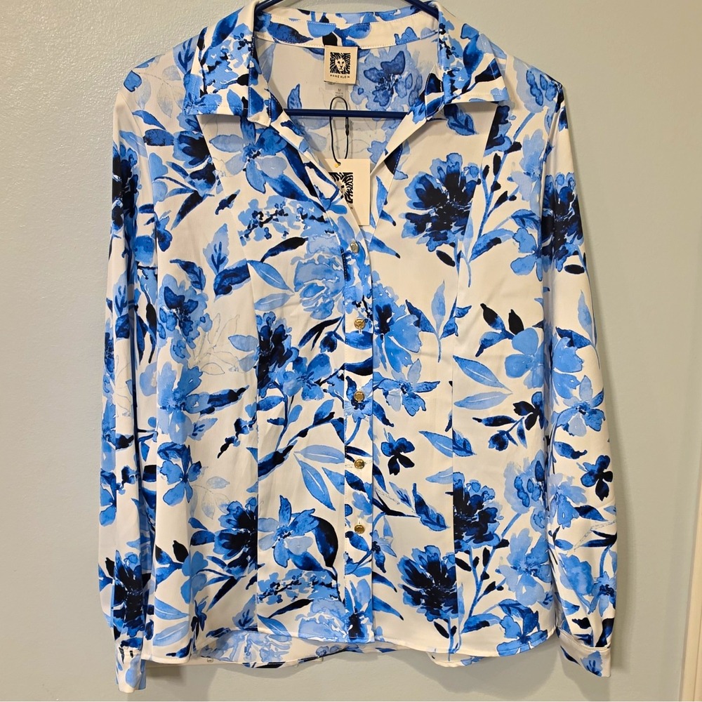 Anne Klein White Blue Floral Woven Collared Button-Up Stretch Blouse M #383